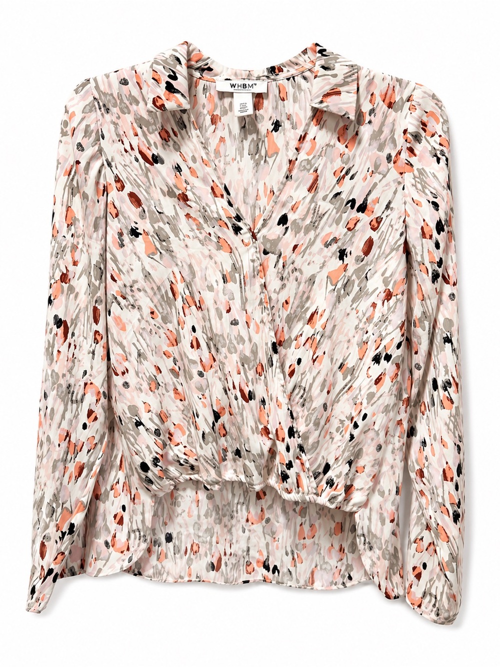 White House Black Market Peach and Black Brushstroke Wrap Blouse